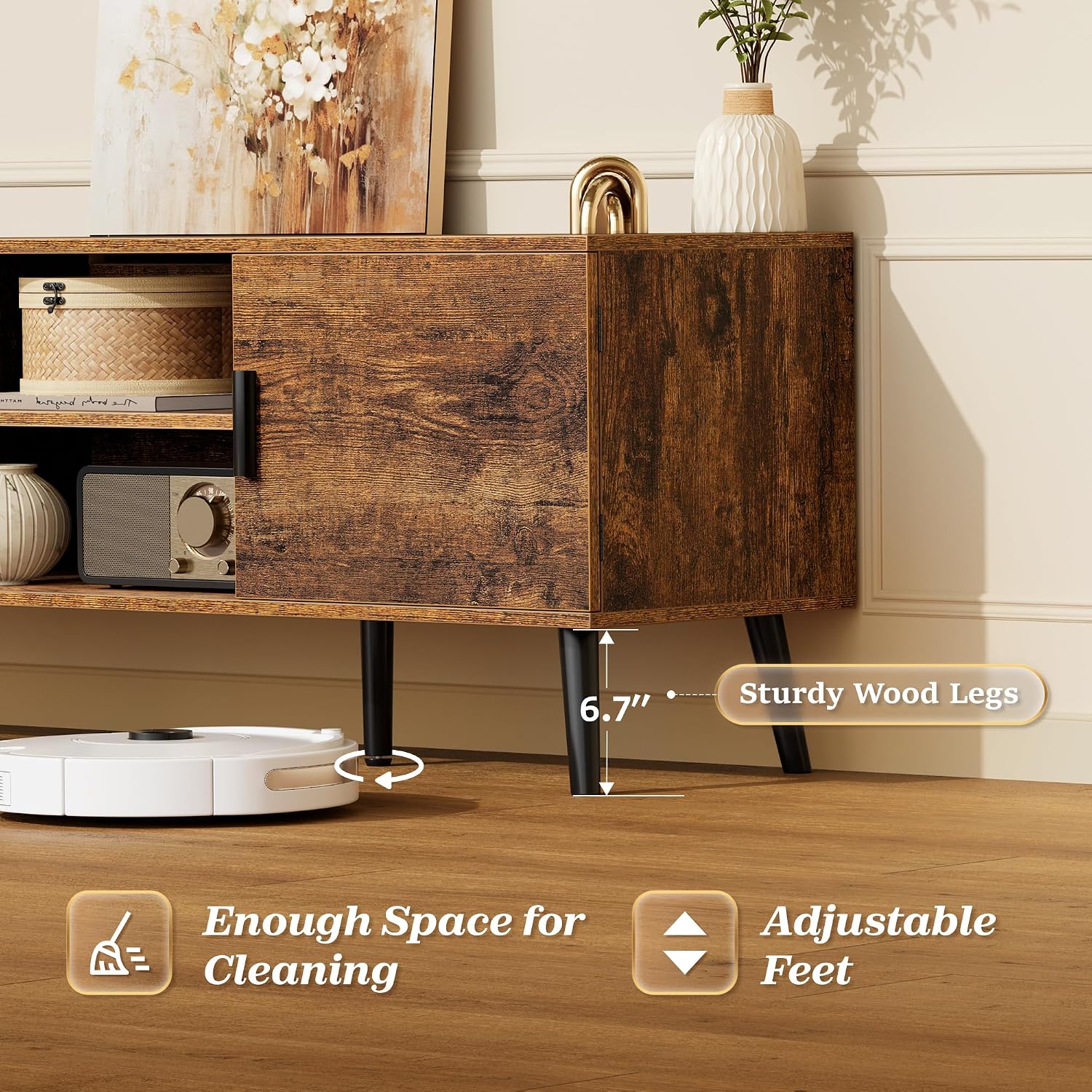 Superjare Tv Stand For 55 Inch Tv, Entertainment Center With Adjustable Shelf, 2 Cabinets, Tv Console Table, Media Console, Solid Wood Feet, Cord Holes, For Living Room, Bedroom, Rustic Brown