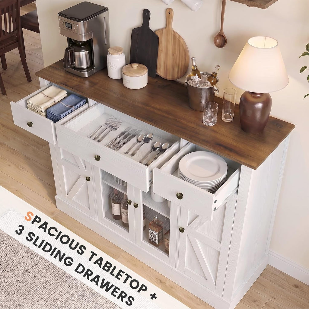 55" Large Buffet Cabinet With Storage, Coffee Bar Cabinet With 4 Doors And 3 Drawers, Kitchen Cabinet With Plexiglass Doors For Living Room, White