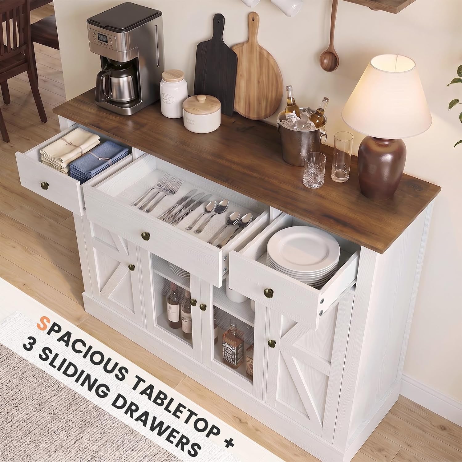55" Large Buffet Cabinet With Storage, Coffee Bar Cabinet With 4 Doors And 3 Drawers, Kitchen Cabinet With Plexiglass Doors For Living Room, White