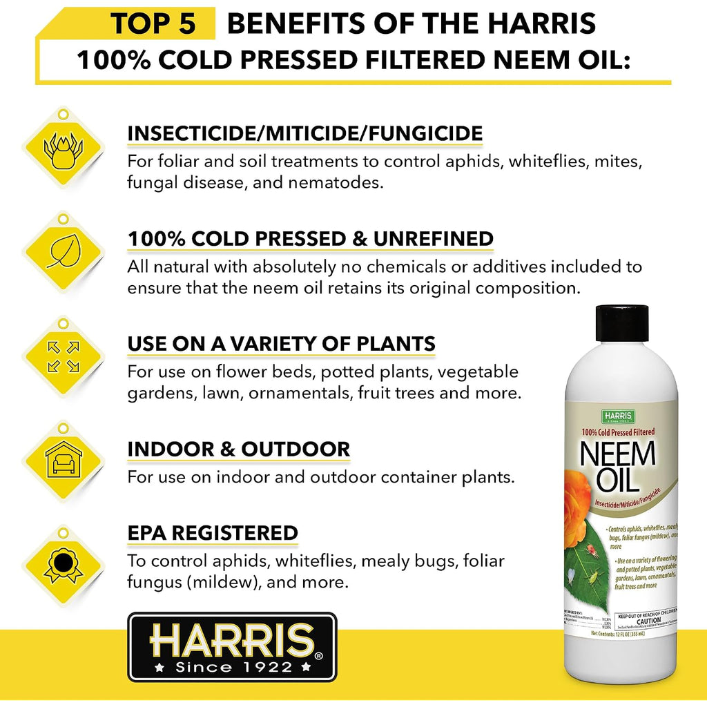 Harris Concentrated Neem Oil 100% Cold Pressed Filtered Oil Insecticide/Miticide/Fungicide, 12 Oz Concentrate
