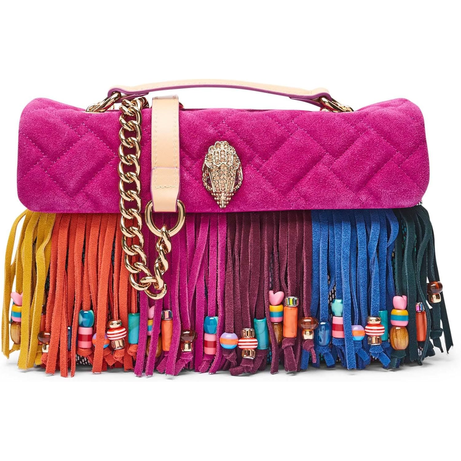 KURT GEIGER LONDON Kensington Leather Fringe Shoulder Bag | Double chain strap, Magnetic closure, Bead accent