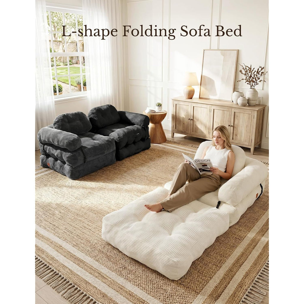 Folding Sofa Bed, L-Shaped Couch Back Support And Arm Pillow Futon