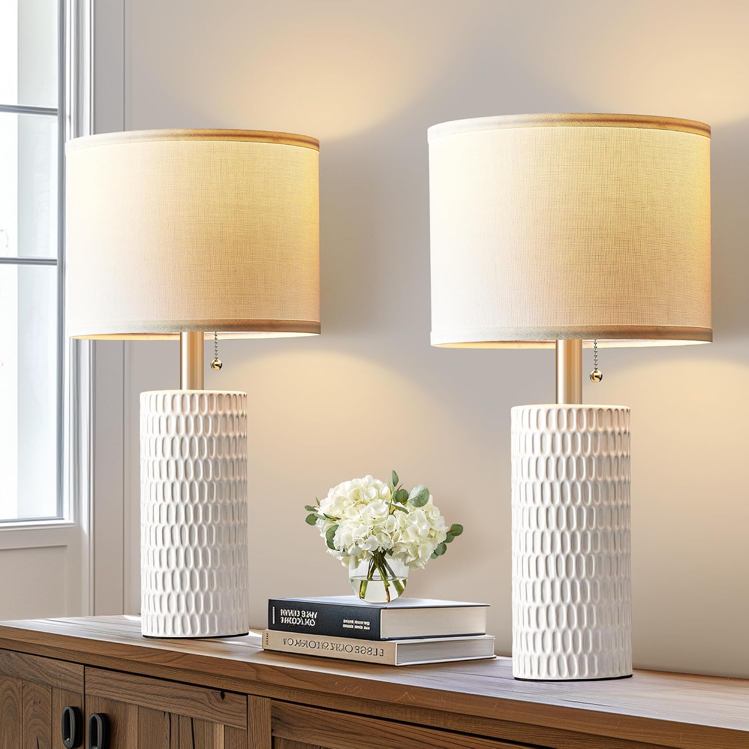 20" Modern Ceramic Table Lamps For Bedroom Set Of 2, Small Table Lamps For Night Stands, Living Room, Home Office And Hallways, White