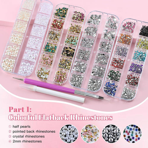 10 Boxes Nail Art Kit - 12 Colors Pointed/Flatback Rhinestones, 3D Gold/Silver/Rose Nail Studs, White Beige Half Pearls, Holographic Glitter & Foils + 3 Tools for DIY Nail Art Jewels & Crafts