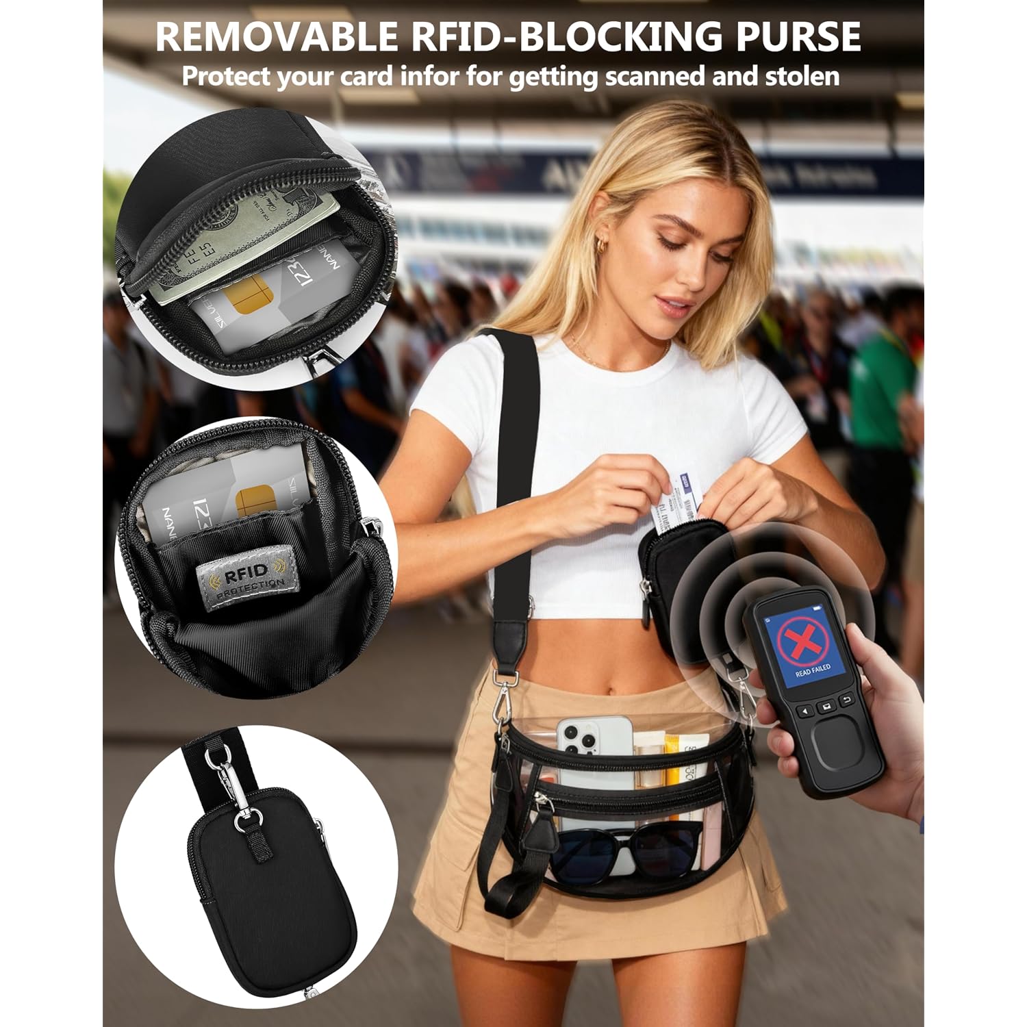 Clear Checkered Crossbody Bags For Stadium Events, Clear Purse Bum Bag For Women Concert Sport With Rfid Coin Purse