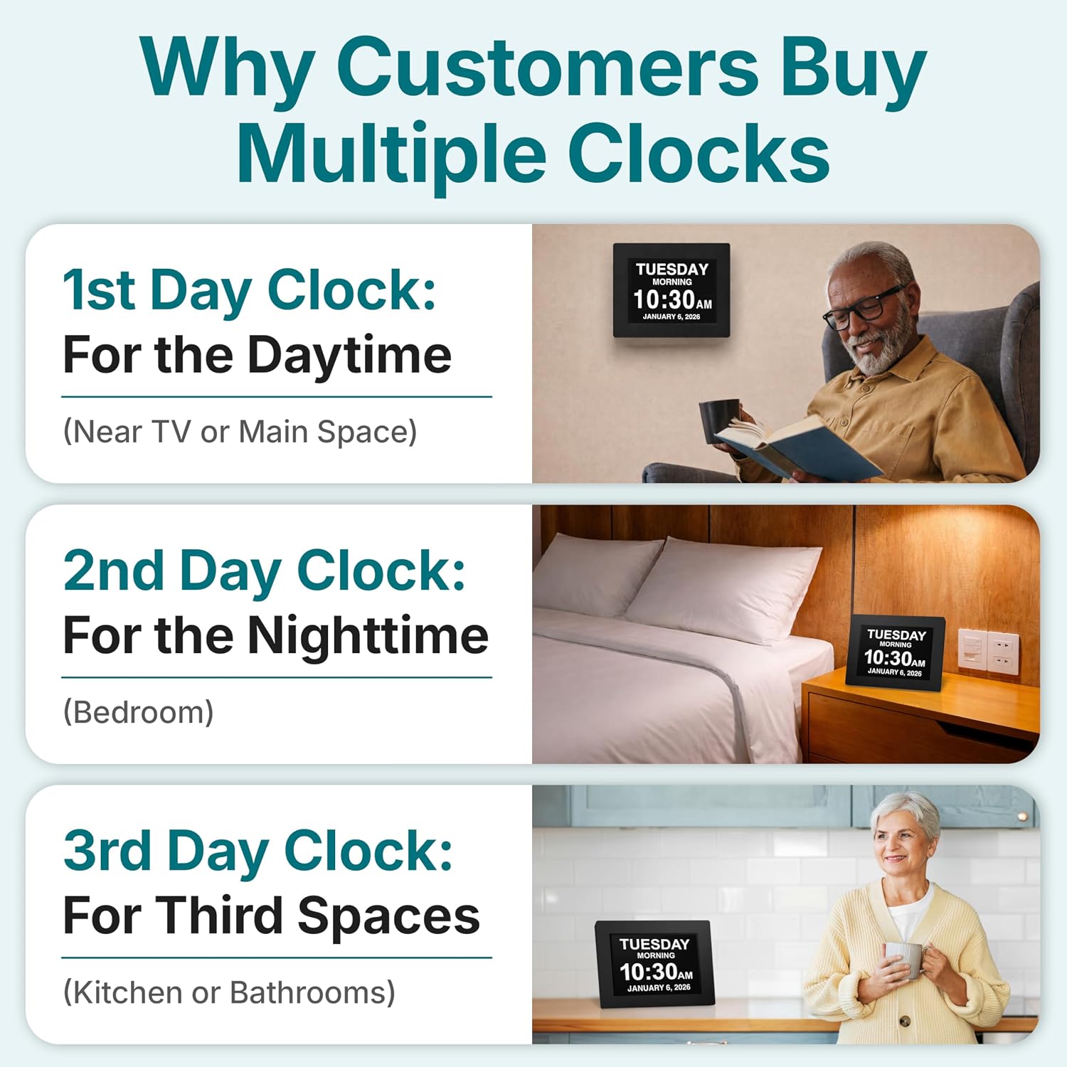 Large Digital Clock For Seniors, Black, 8 Inch, With Day & Date, Customizable Alarms, Auto-Dimming, Multi-Language Support, Battery Backup, Easy Setup, And Gift Option