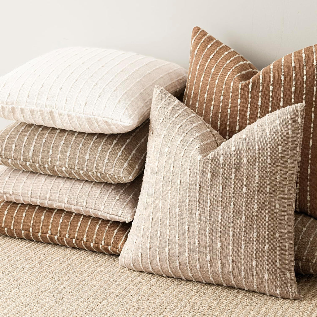 Foindtower Pack Of 2 Decorative Jacquard Boucle Throw Pillow Covers Accent Textured Striped Pillowcases Soft Boho Modern Cushion For Couch Sofa Bedroom Living Room Home Decor 20X20 Inch Natural Beige