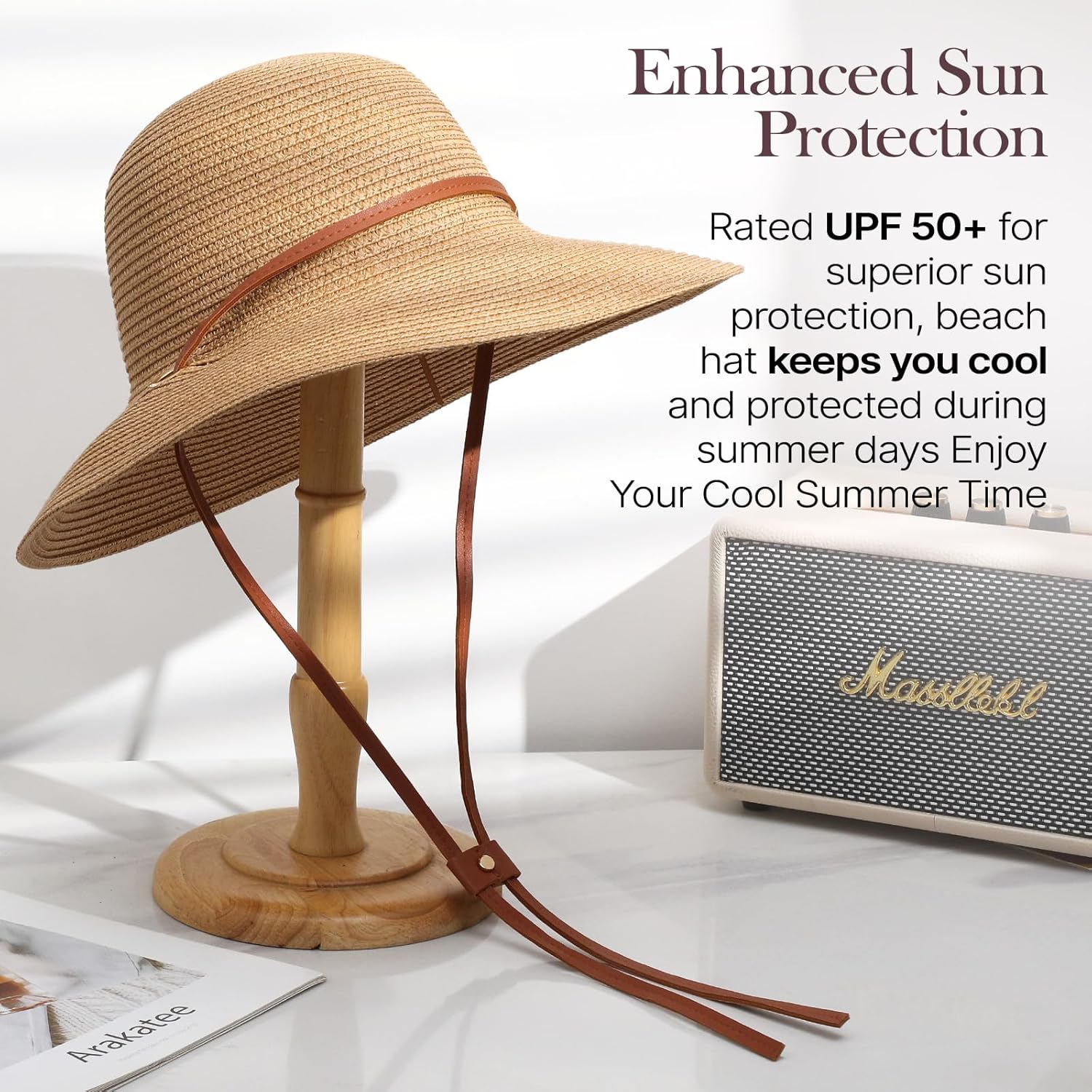 Womens Beach Sun Straw Hat, Wide Brim Sun Hat Travel Foldable Summer Wind Lanyard UPF 50+