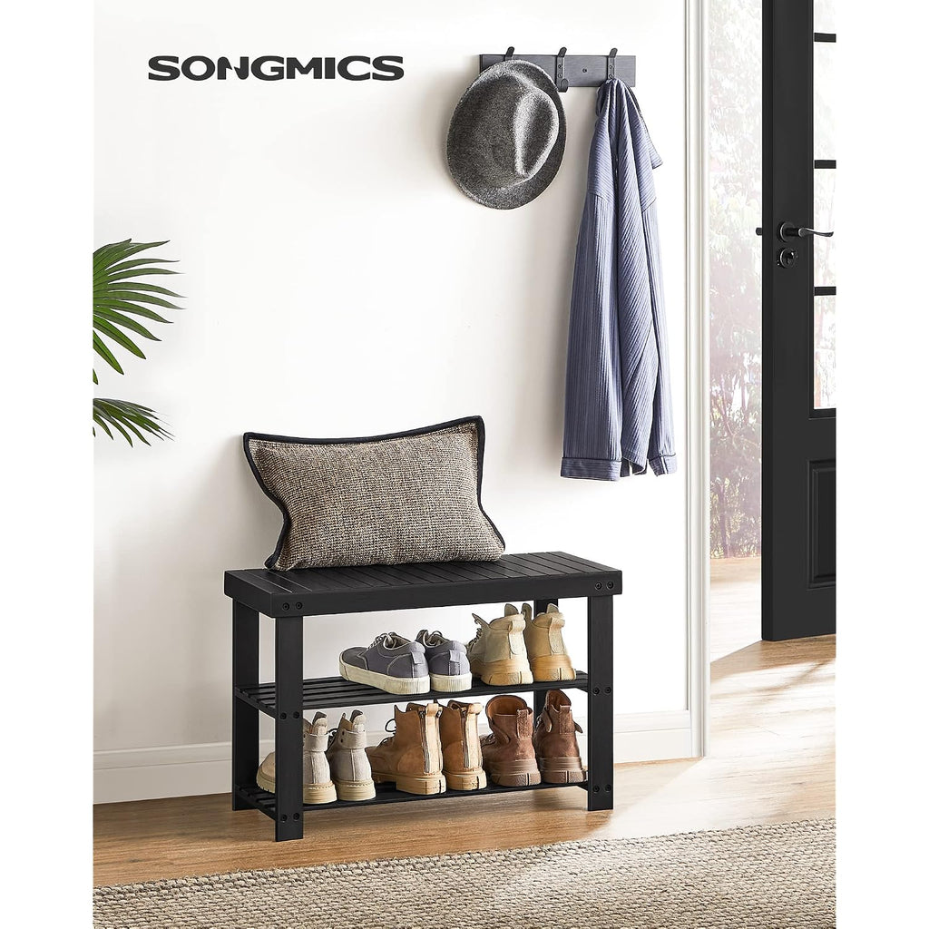 Songmics Shoe Rack Bench, 3-Tier Bamboo Shoe Storage Organizer, Entryway Bench, Holds Up To 286 Lb, 11.3 X 27.6 X 17.8 Inches, For Entryway Bathroom Bedroom, Ink Black Ulbs04H