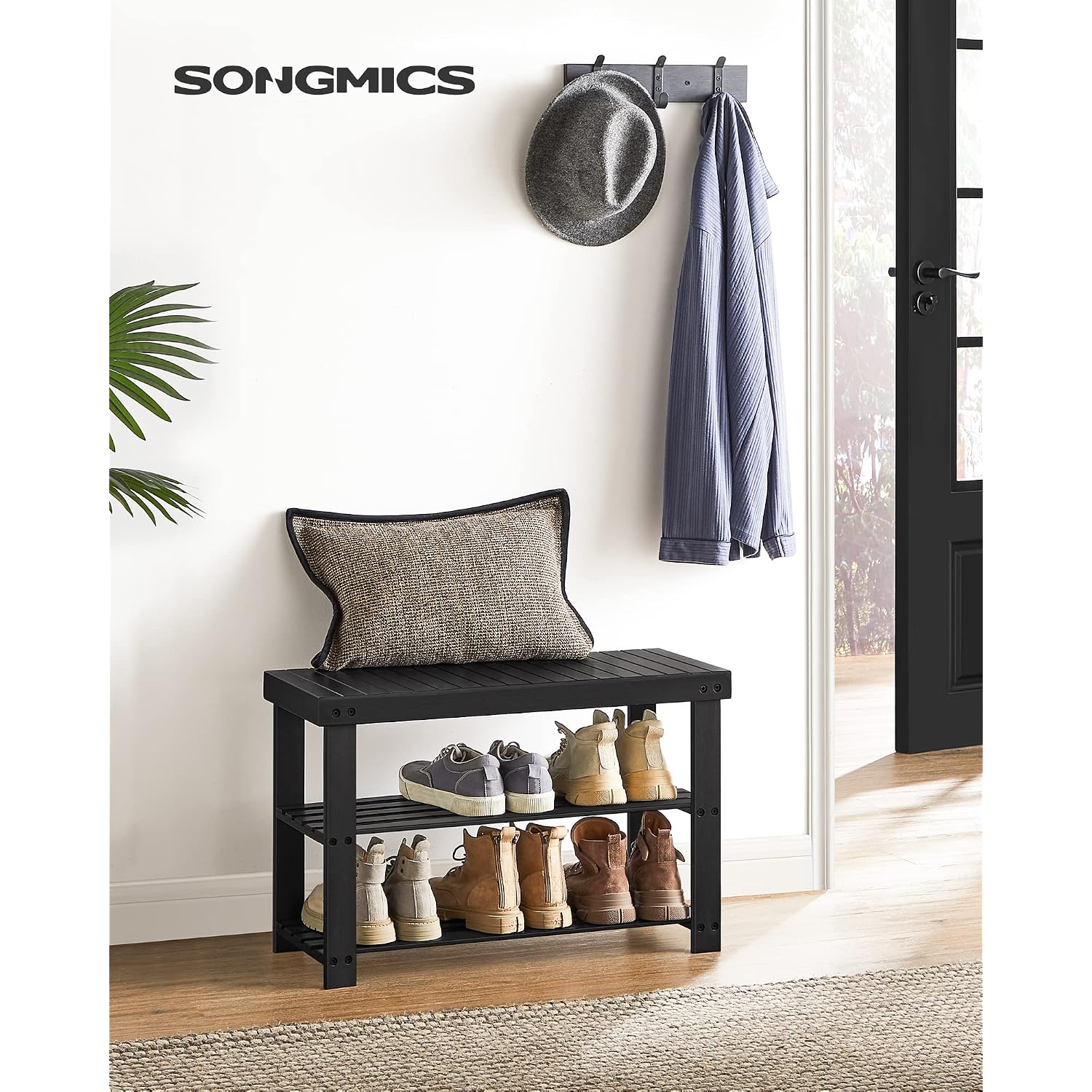 Songmics Shoe Rack Bench, 3-Tier Bamboo Shoe Storage Organizer, Entryway Bench, Holds Up To 286 Lb, 11.3 X 27.6 X 17.8 Inches, For Entryway Bathroom Bedroom, Ink Black Ulbs04H