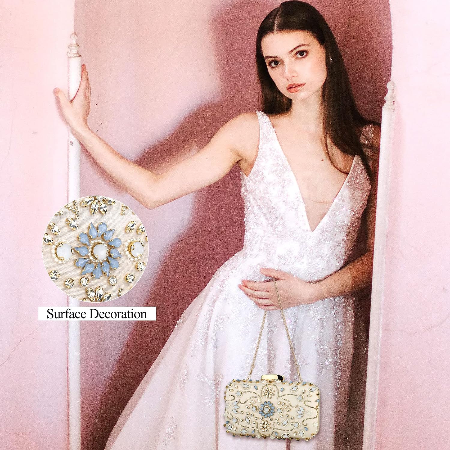 Womens Crystal Beaded Evening Bag Wedding Clutch Purse