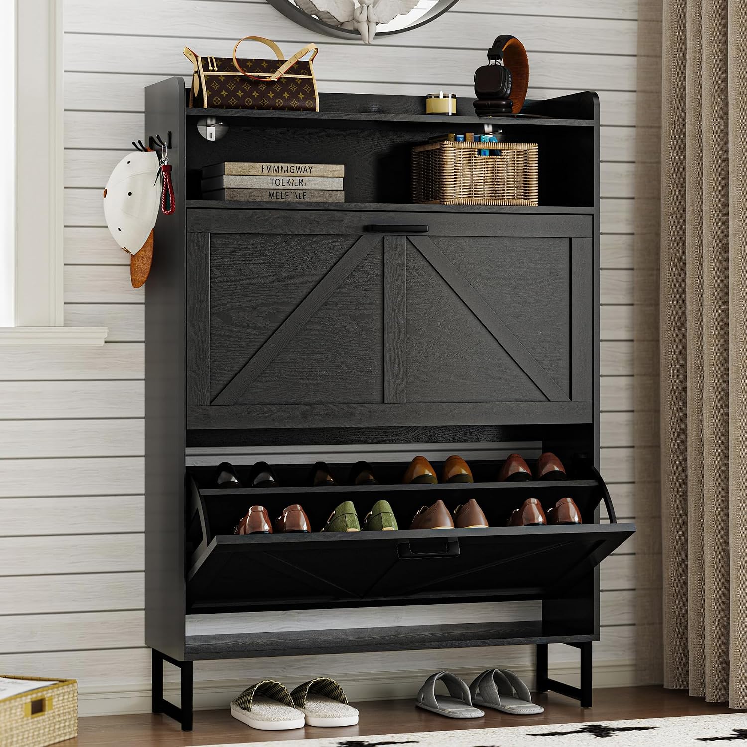 Bornoon Shoe Cabinet With 2 Flip Drawers Narrow Shoe Storage Cabinet Organizer Wooden Freestanding Rack Hidden Slim Storage For Entryway, Hallway, Living Room, Bedroom