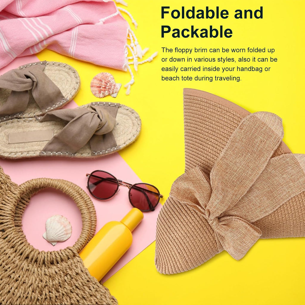 DRESHOW Beach Hats for Women Big Straw Wide Brim Summer Hat Floppy Foldable Roll up Cap Sun Hat UPF 50+ Khaki /Normal Edge
