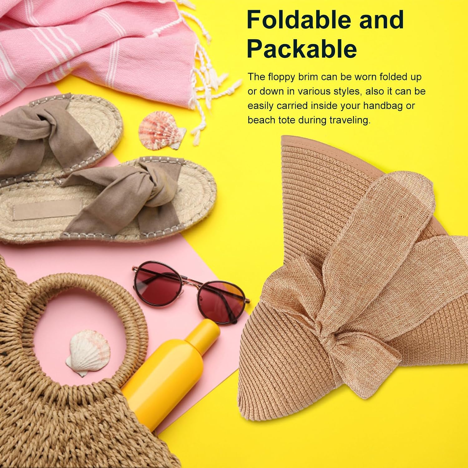 DRESHOW Beach Hats for Women Big Straw Wide Brim Summer Hat Floppy Foldable Roll up Cap Sun Hat UPF 50+ Khaki /Normal Edge