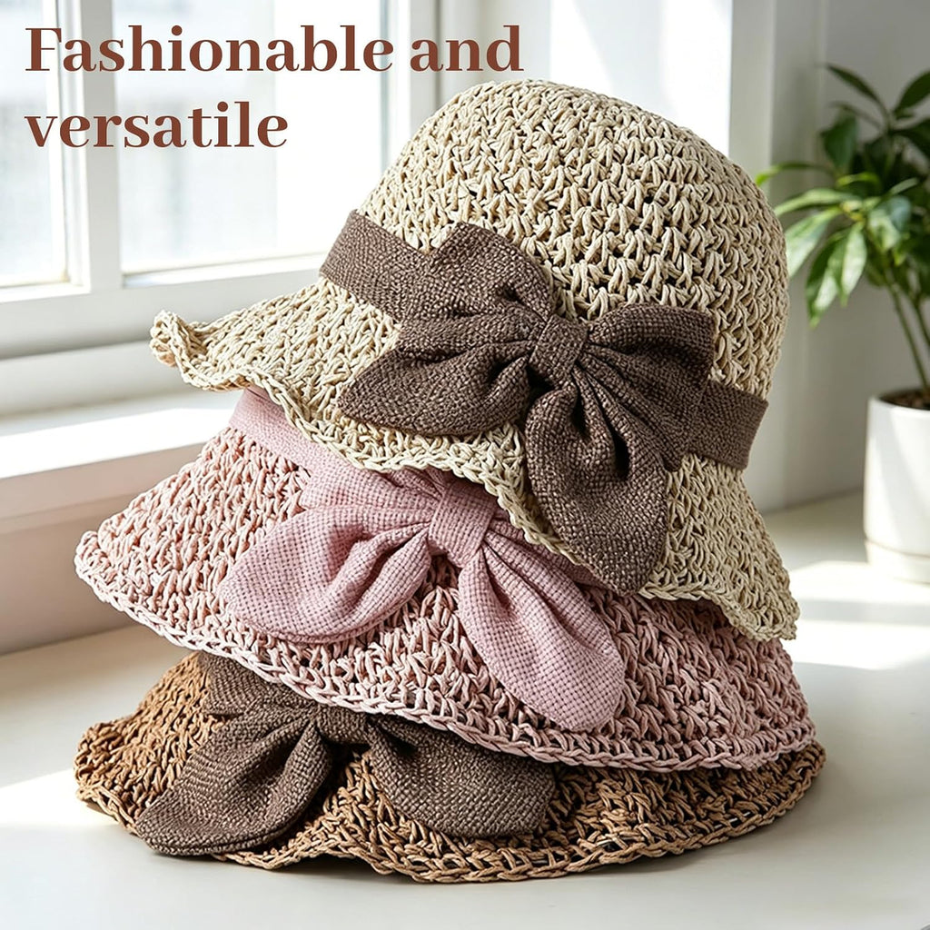 Elegant Woven Straw Sun Hat with Bow, Straw Hat with Retro Bow, Womens Straw Hat Wide Brim Bucket Foldable Breathable Beige
