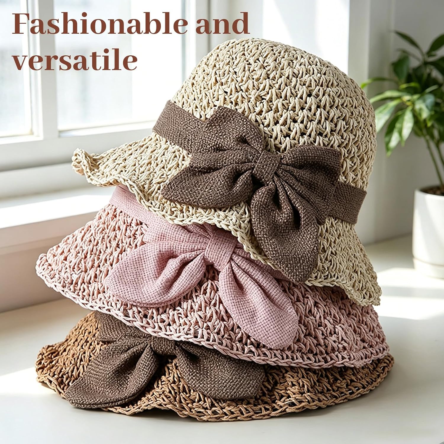 Elegant Woven Straw Sun Hat with Bow, Straw Hat with Retro Bow, Womens Straw Hat Wide Brim Bucket Foldable Breathable Beige