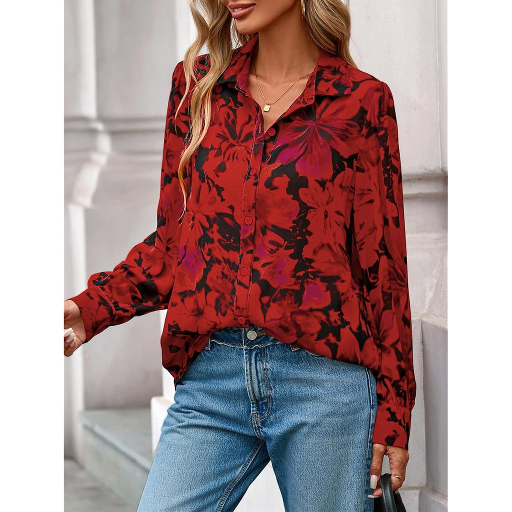 Women's Floral Blouses Dressy Casual V Neck Button Down Shirts Lantern Long Sleeve Boho Chiffon Spring Tops 2026