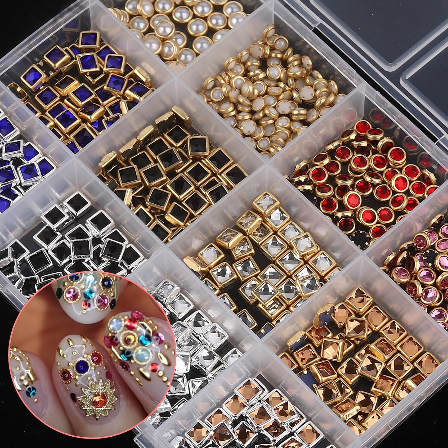 Luxury 3D Nail Charms Rhinestones Metal Jewelry Nail Decoration Colorful Shiny Diamonds Nail Gems Vintage Pendants Nail Supplies for DIY Studs Nail Decor 12 Grids