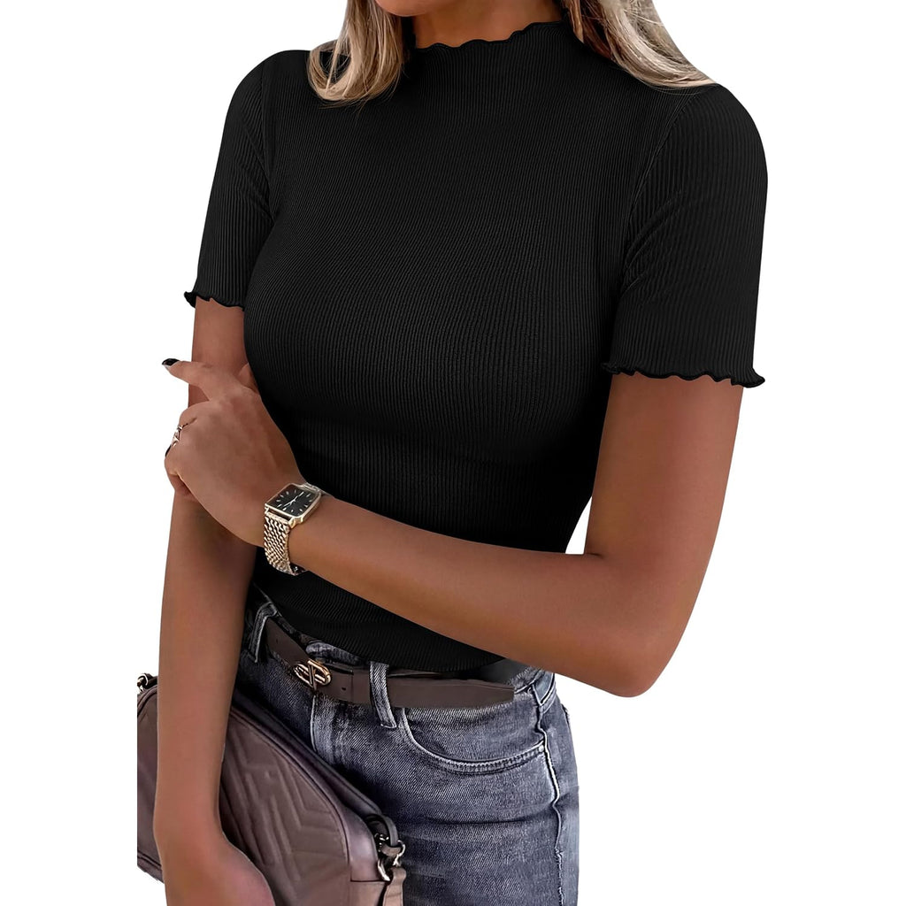Prettygarden Short Sleeve T Shirts For Women Summer Clothes 2026 Casual Spring Tops Ruffle Mock Neck Ribbed Fitted Basic Tees