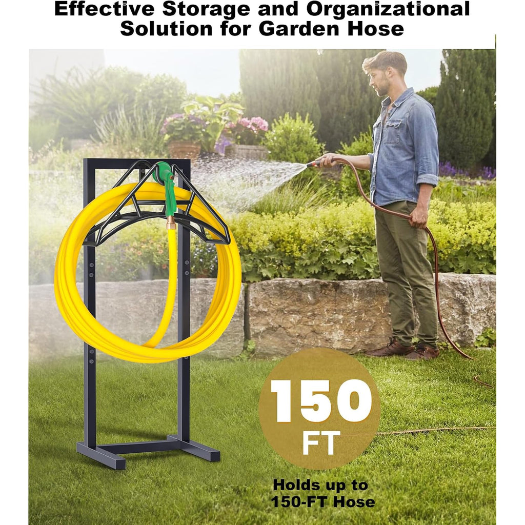 Outdoor Garden Hose Holder Freestanding With 4 Spikes, Heavy Duty Metal Water Hose Reel Stand Hanger Rack Organizer Holds Storage 150Ft Hose For Outside Yard Lawn, Black