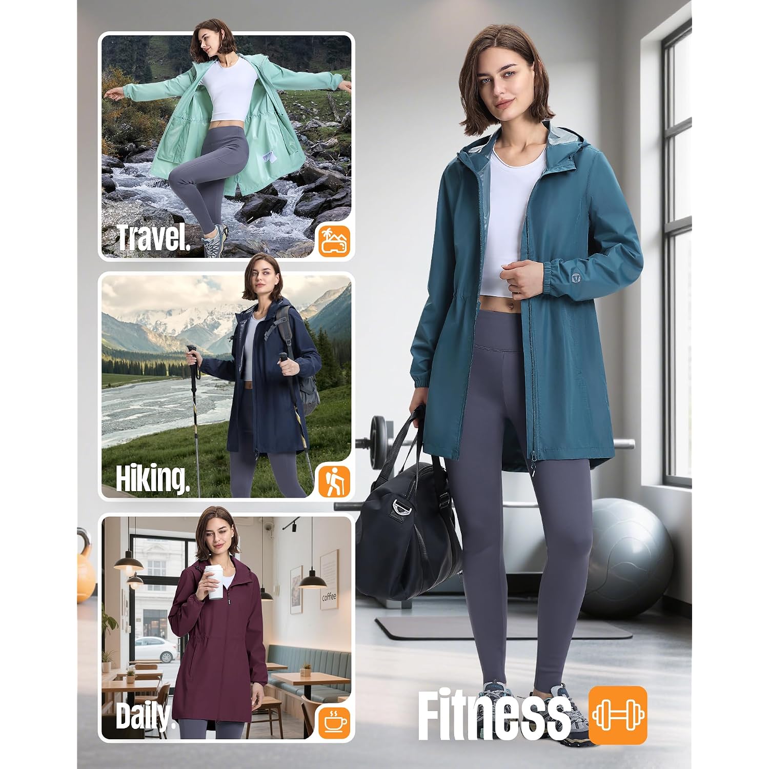 Outdoor Ventures Women'S Waterproof Long Rain Coats Packable Lightweight Rain Jacket With Hood Windproof Trench Coats