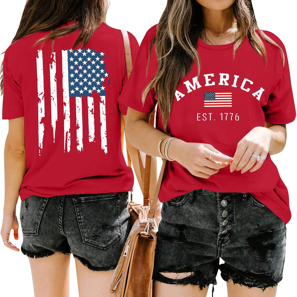 ALLTB 4th of July Shirt Women Loves Jesus and America Too Shirts Patriotic Tshirt Christian Short Sleeve Tee Top