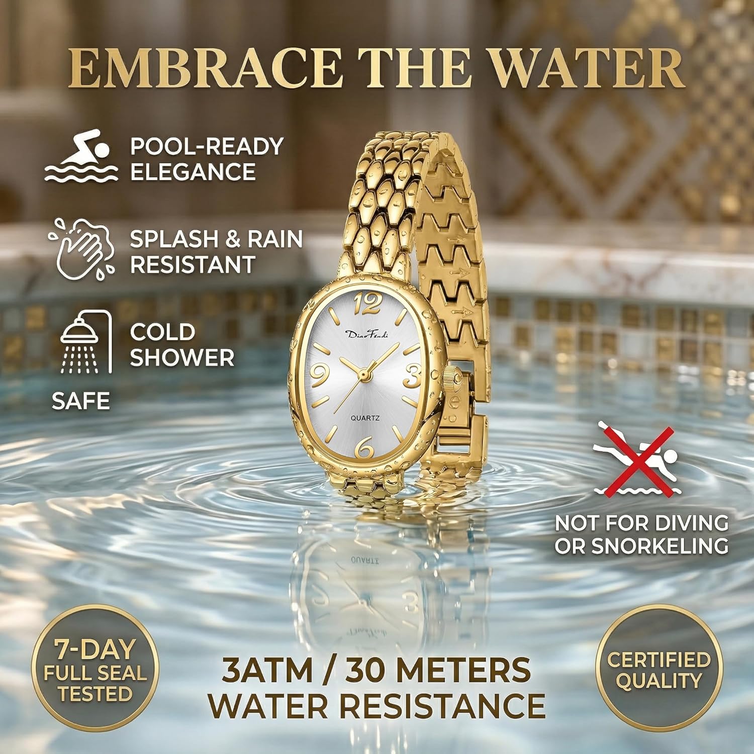 Diaofendi Petite Vintage Oval Gold Women’s Watch, Waterproof Elegant Watch with Japanese Quartz Movement, Adjustable Strap with Tool