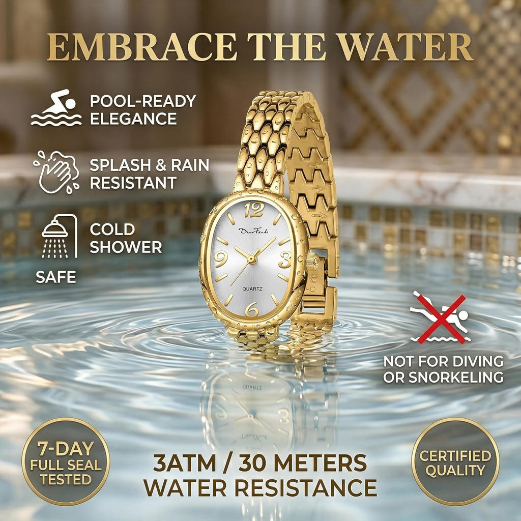 Diaofendi Petite Vintage Oval Gold Women’s Watch, Waterproof Elegant Watch with Japanese Quartz Movement, Adjustable Strap with Tool