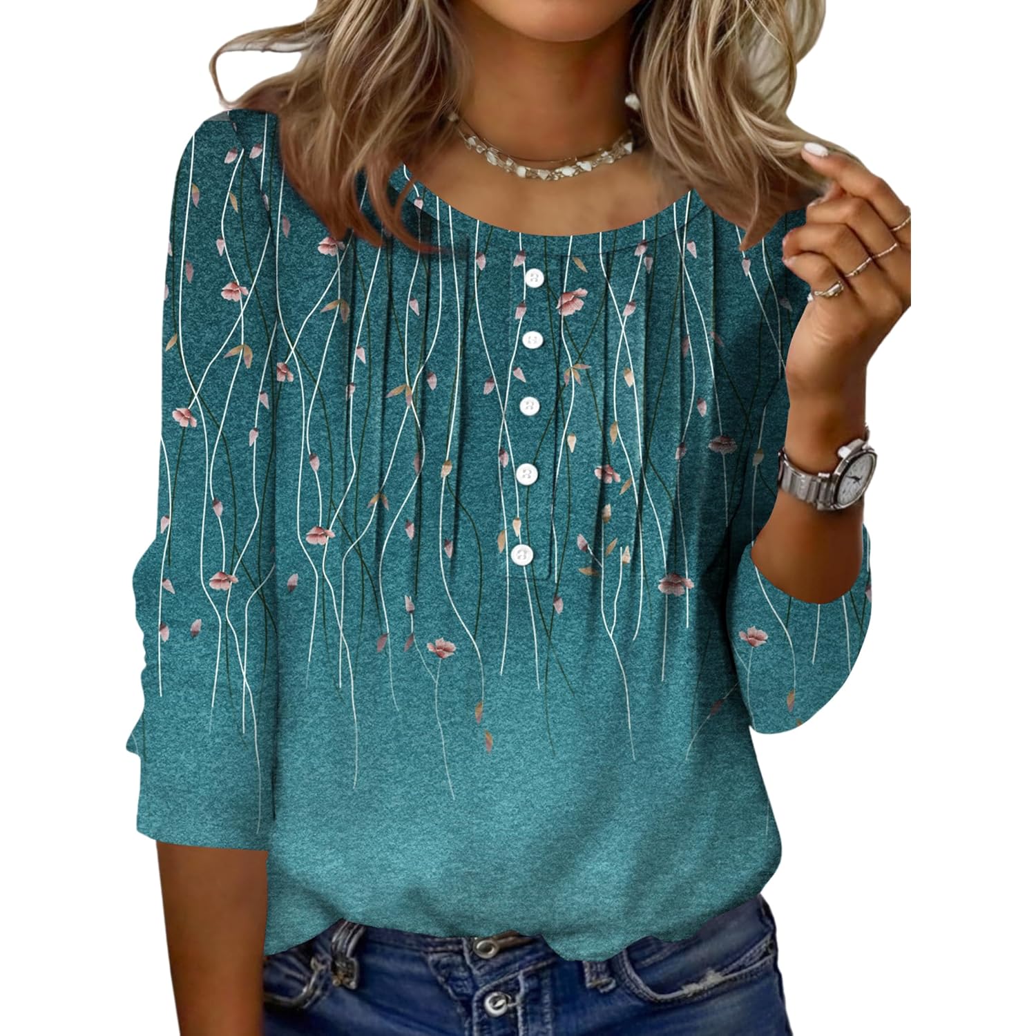 3/4 Length Sleeve Womens Tops Round Neck Casual Summer Tunic Tops Basic Tees Blouses Dressy T-Shirts Pleated Shirts