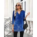 Womens 3/4 Length Sleeve Tops V Neck Tunic Casual Dressy Blouse Floral Printed Shirts