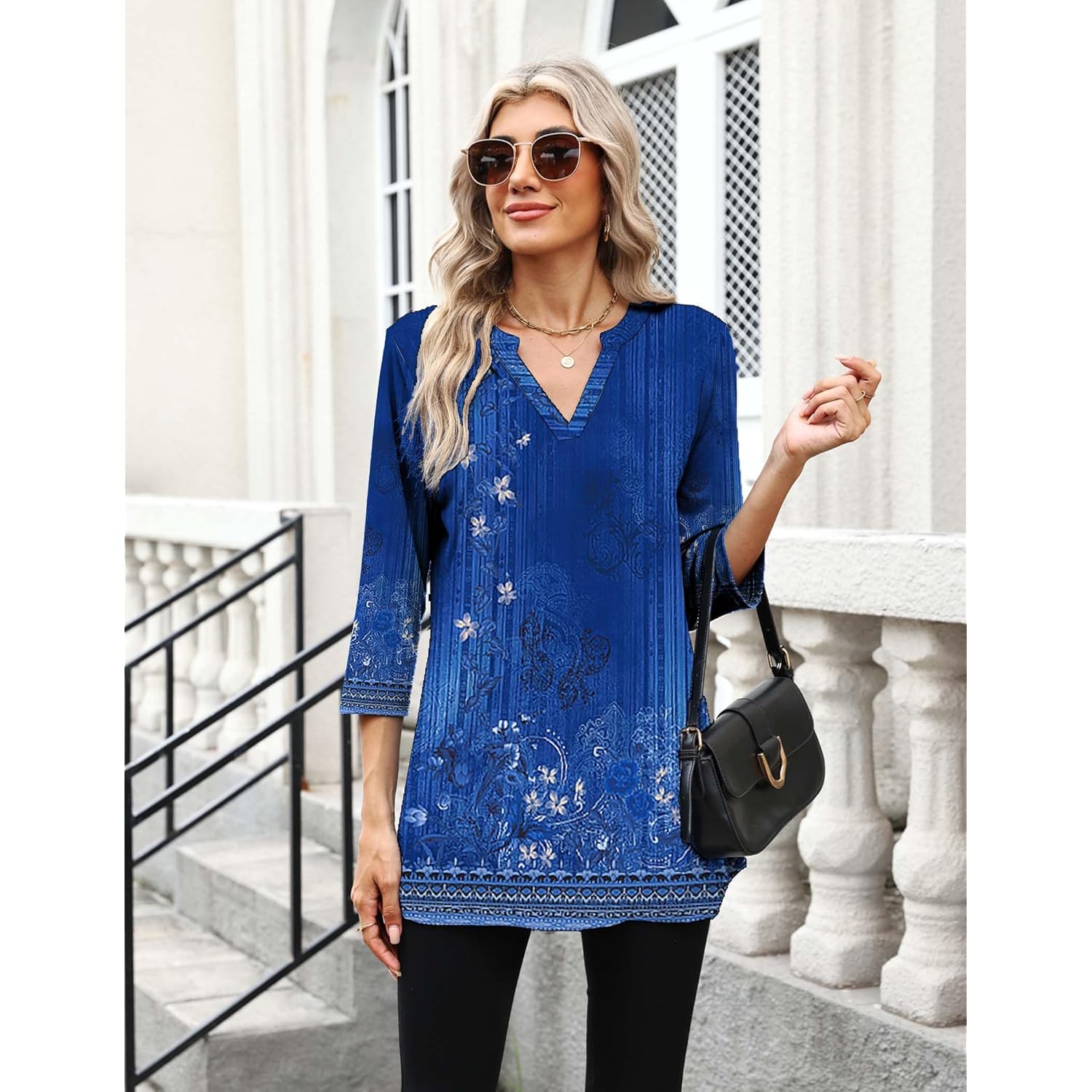 Womens 3/4 Length Sleeve Tops V Neck Tunic Casual Dressy Blouse Floral Printed Shirts