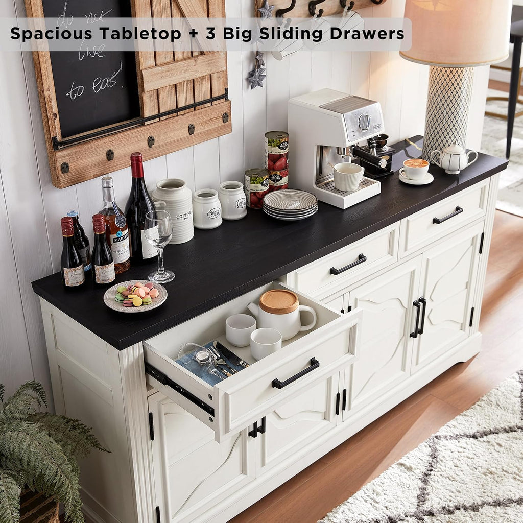 66" Farmhouse Buffet Cabinet With Storage, Sideboard Credenza, Carved Cloud-Inspired Doors, 3 Drawers & Adjustable Shelves, Coffee Bar Cabinet, Off White