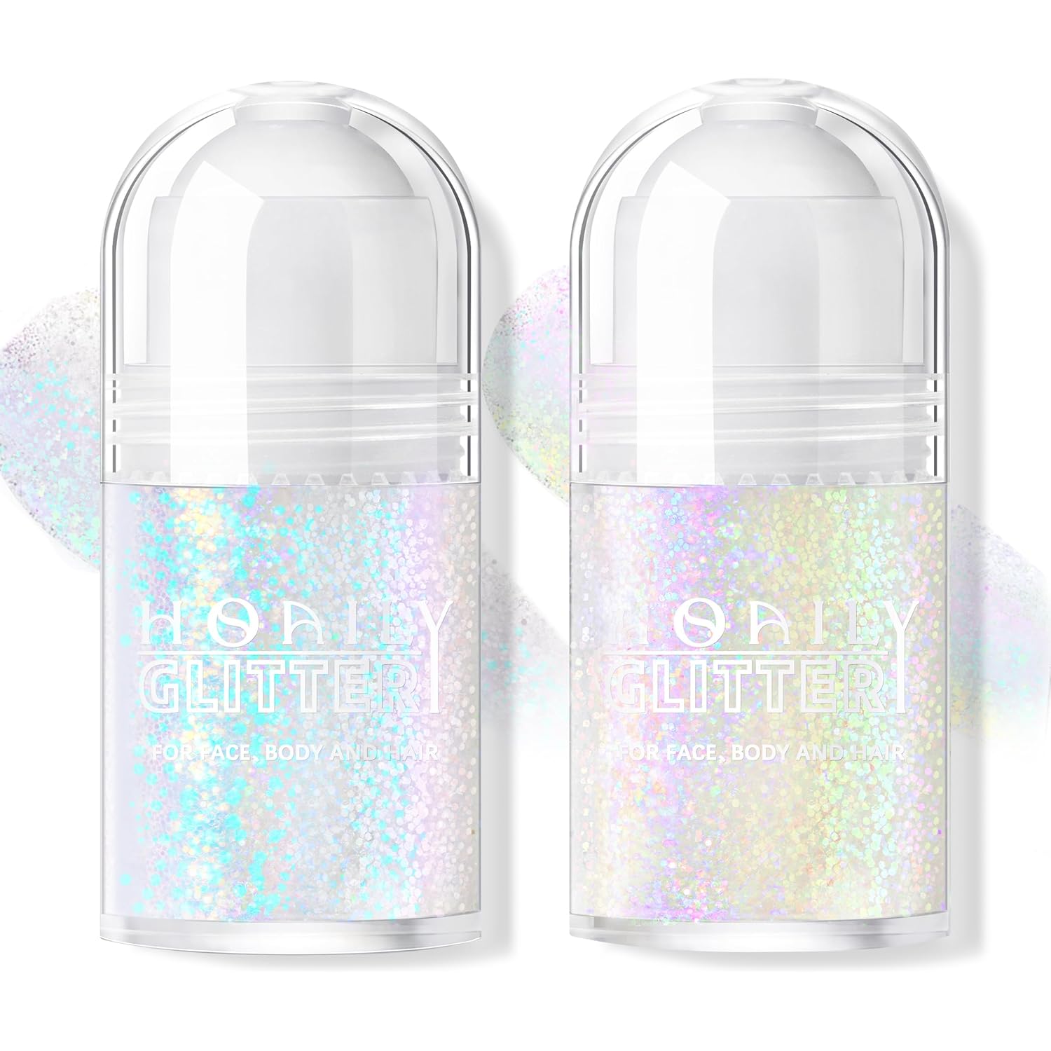 HOSAILY 2 Colors Roll-on Body Glitter Gel, Holographic Glitter Gel Under Light for Face Hair, Body Shimmer for Rave Accessories Christmas New Year Halloween Makeup (Golden Ocean+Neon Violet)