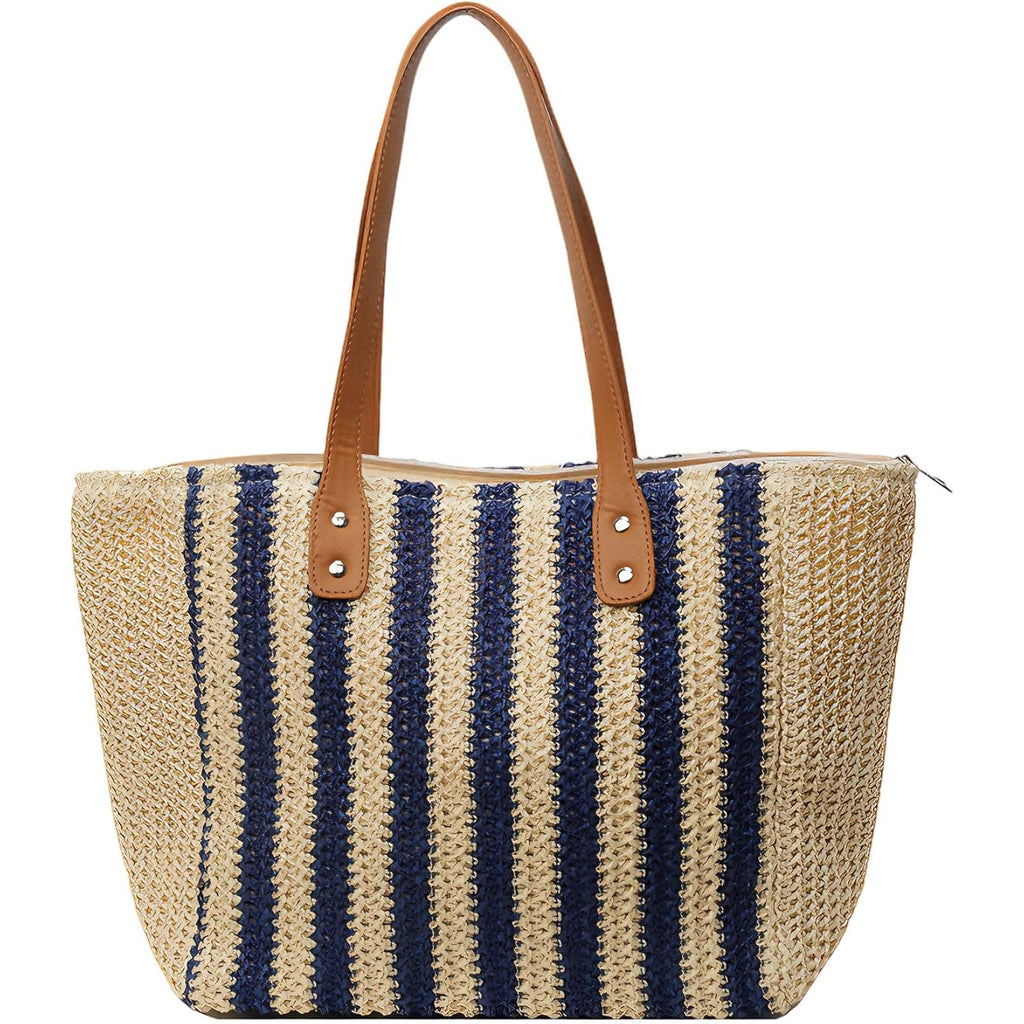 Handmade Woven Striped Tote Bag,Vintage Shoulder Bag,Summer Straw Beach Bag For Women,Blue,1 Piece