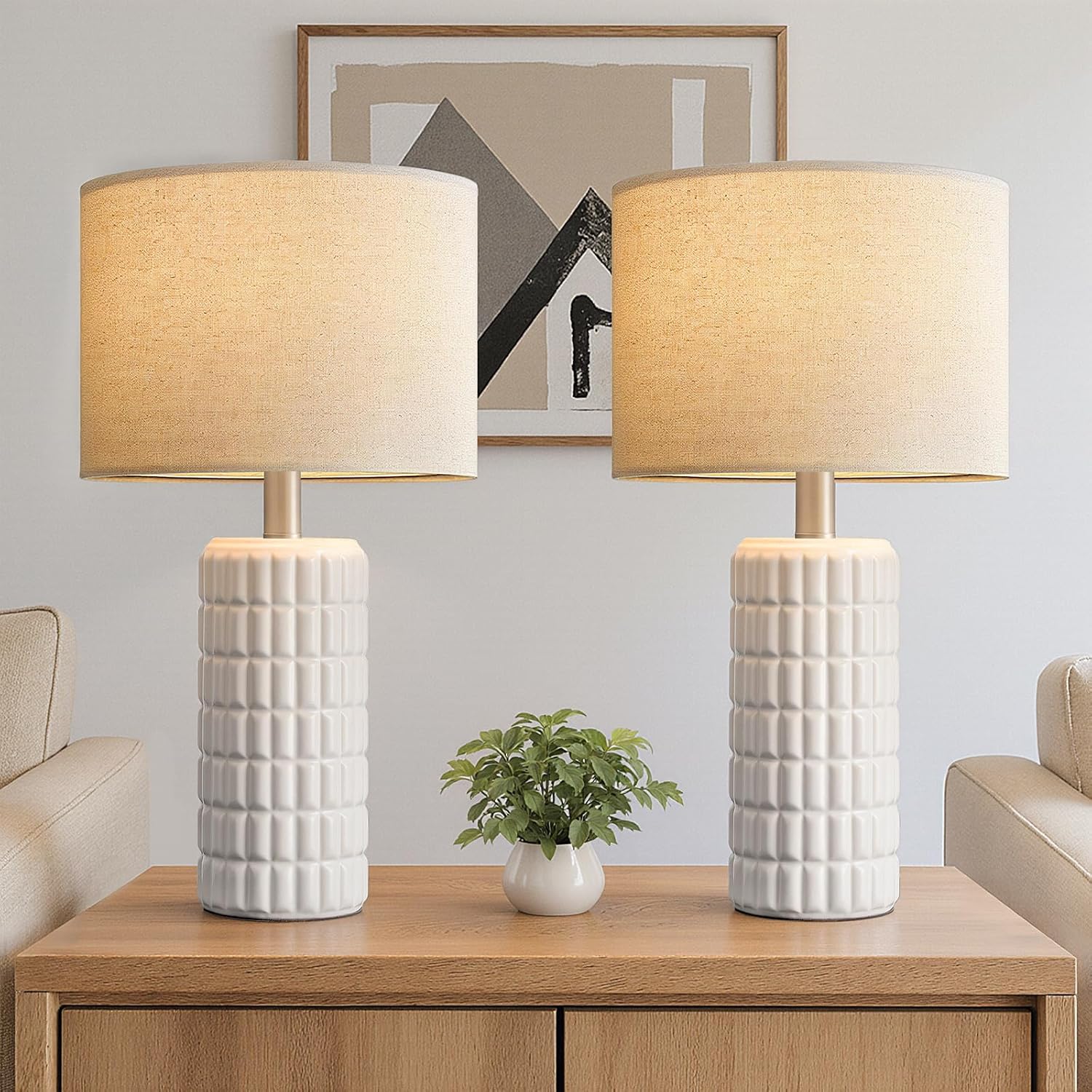 23" Modern Ceramic Table Lamps Set Of 2 - Table Lamps For Living Room, Farmhouse Bedside Night Stands Lamp For Bedroom, White Nightstand Lamps Set Of 2, Desk Lamp For End Table Home Decor