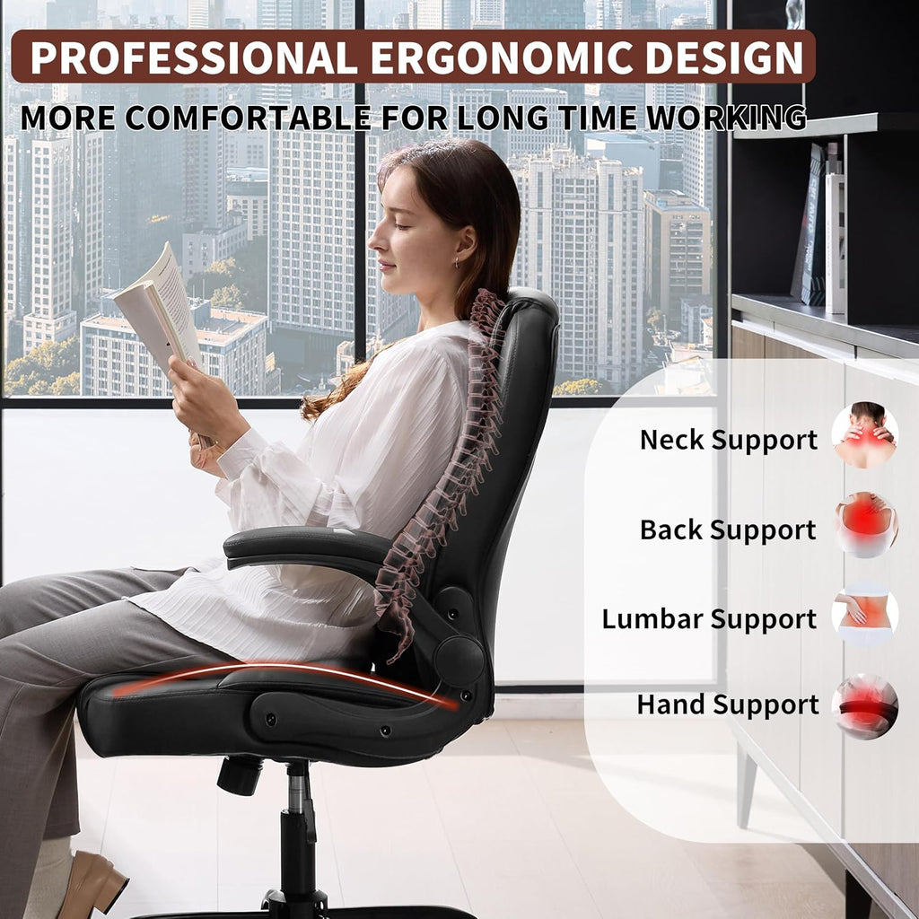 Executive Office Chair Pu,Leather Office Chair With Wheels,360° Swivel Rolling Chair With Padded Arms,Ergonomic Computer Chair With Lumbar Support For Short People Use(Black)