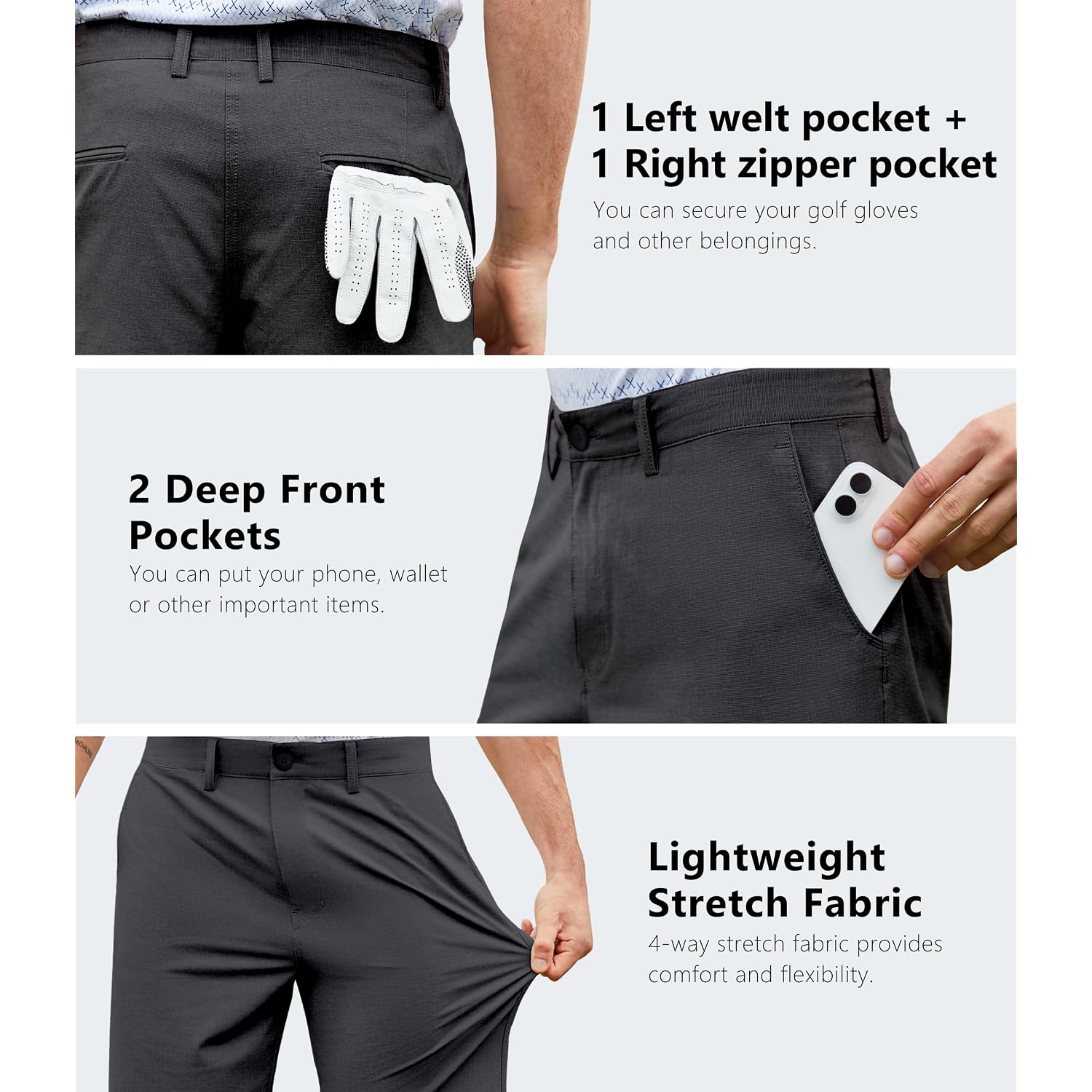 Mens Hybrid Golf Shorts Lightweight Stretch Dress Casual Shorts Quick Dry 9 Inch Inseam With Zip Pockets