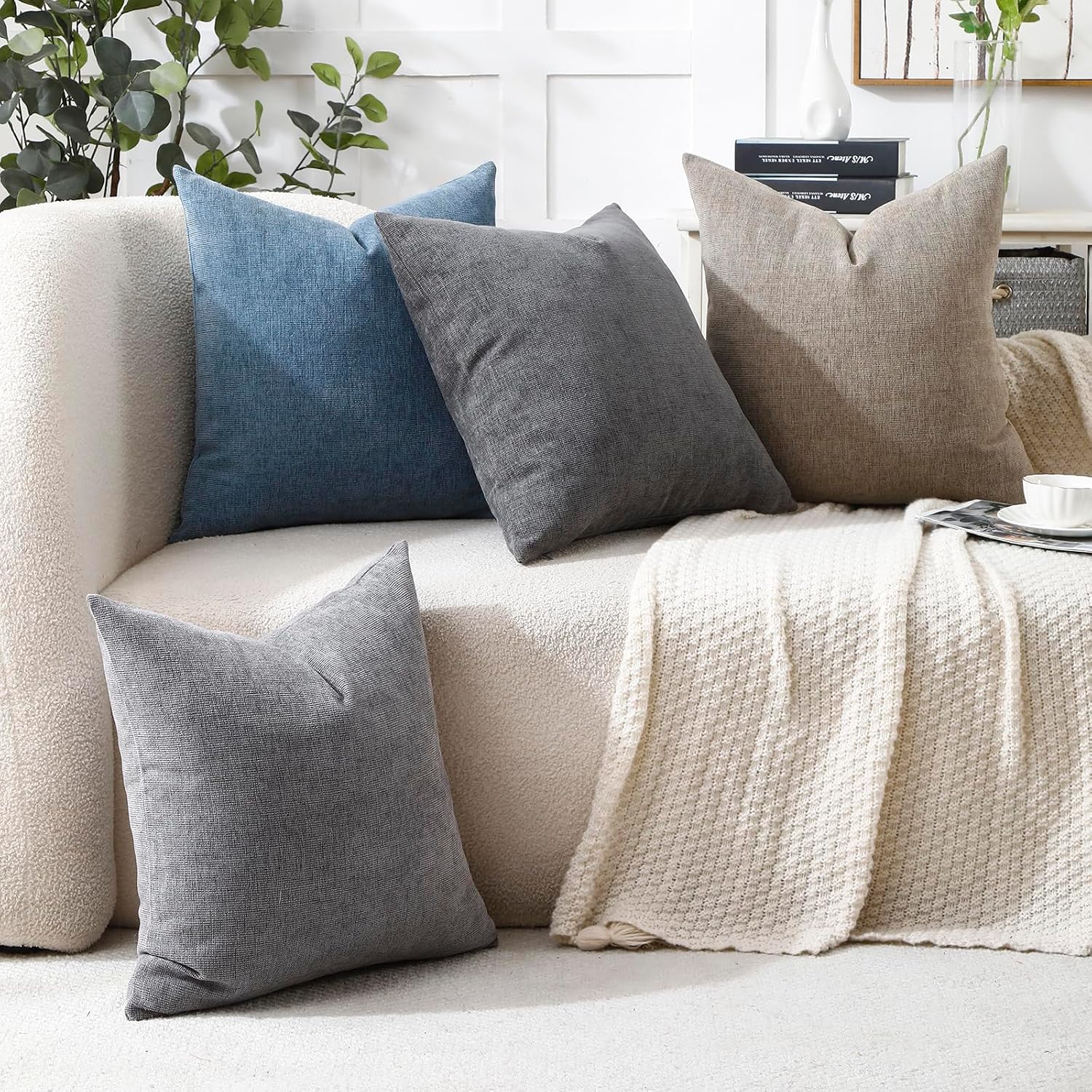 Decorative Chenille Throw Pillow Covers 24X24 Cushion Case Steelblue | Pack Of 2 Square Soft Cozy Concise Modern Farmhouse Fall Pillow Covers For Sofa Couch Bed Living Room Home Decor