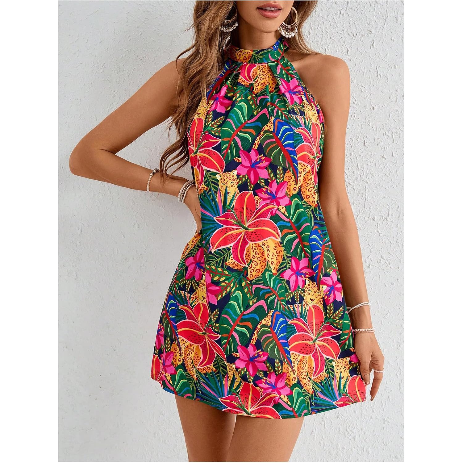 Floerns Women'S Sleeveless Floral Print Sundress Halter Neck A Line Short Dress