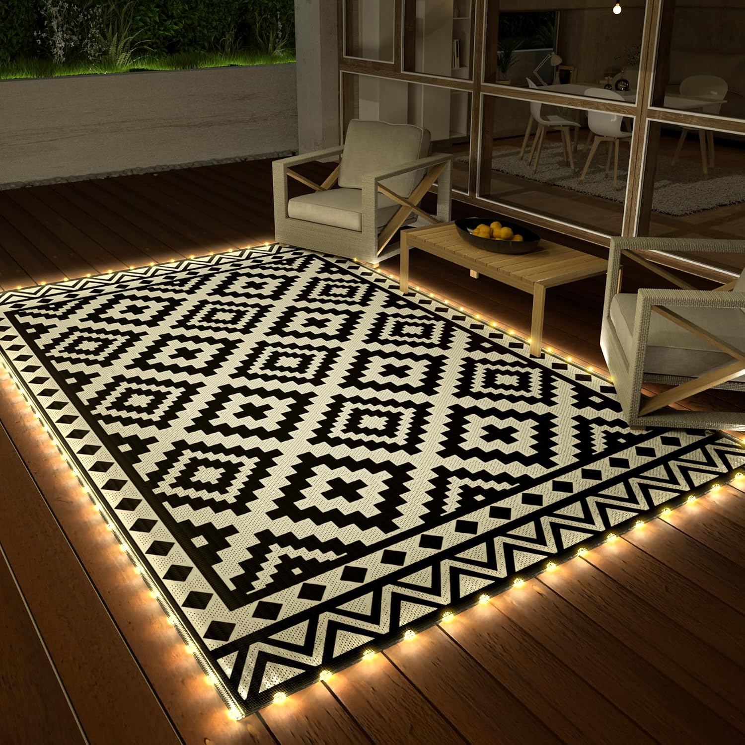 Haushof 5' X 8' Outdoor Rug With Led Strip Light, Waterproof Patio Mat | Waterproof Surface, Easy-Clean Design, Reversible Double-Sided Use, Rv Camping Beach Porch Balcony Use
