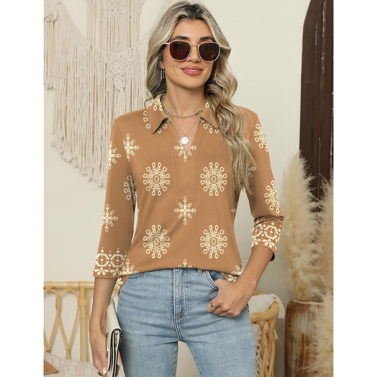 Women's 3/4 Length Sleeve V-Neck Collared Tops Summer Business Casual Work Polo Shirts 2025