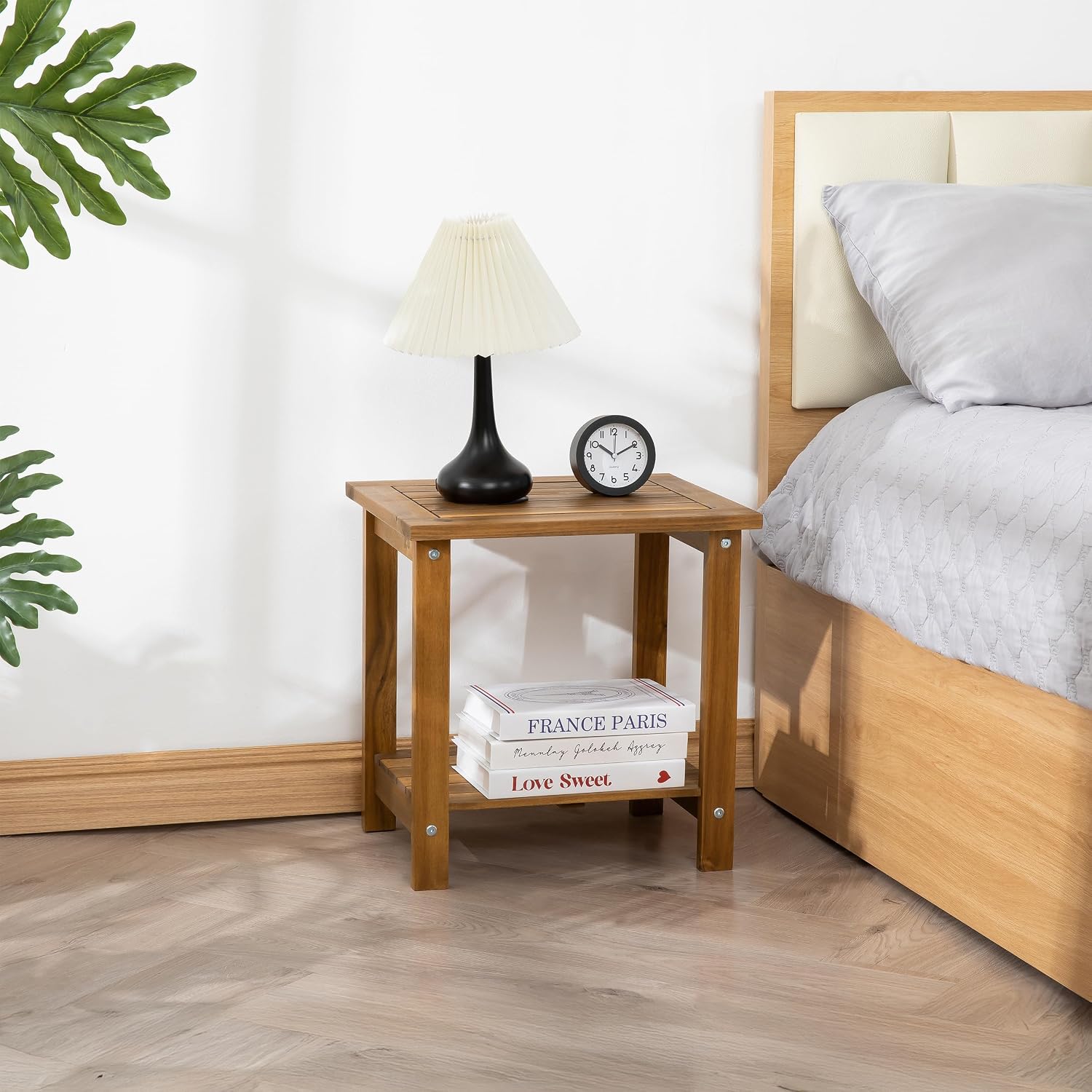 Solid Acacia Wood Side Table With 2-Tier Storage, Weather-Resistant Outdoor Indoor End Table, Natural Rustic Color Night Stand