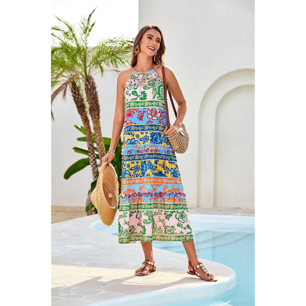 Grace Karin 2026 Women'S Floral Halter Maxi Dress Boho Summer Beach Sundress With Tiered Ruffle Skirt