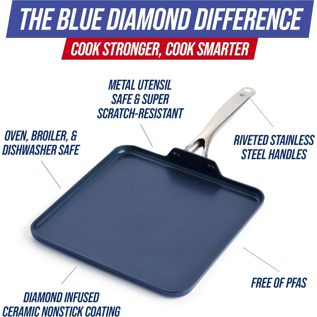Blue Diamond 11" Nonstick Square Griddle Pan, Non Toxic PFAS-Free Diamond Ceramic, Dishwasher & Oven Safe, Even Heating, Metal Utensil Safe, Warp Control, Blue