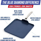 Blue Diamond 11" Nonstick Square Griddle Pan, Non Toxic PFAS-Free Diamond Ceramic, Dishwasher & Oven Safe, Even Heating, Metal Utensil Safe, Warp Control, Blue