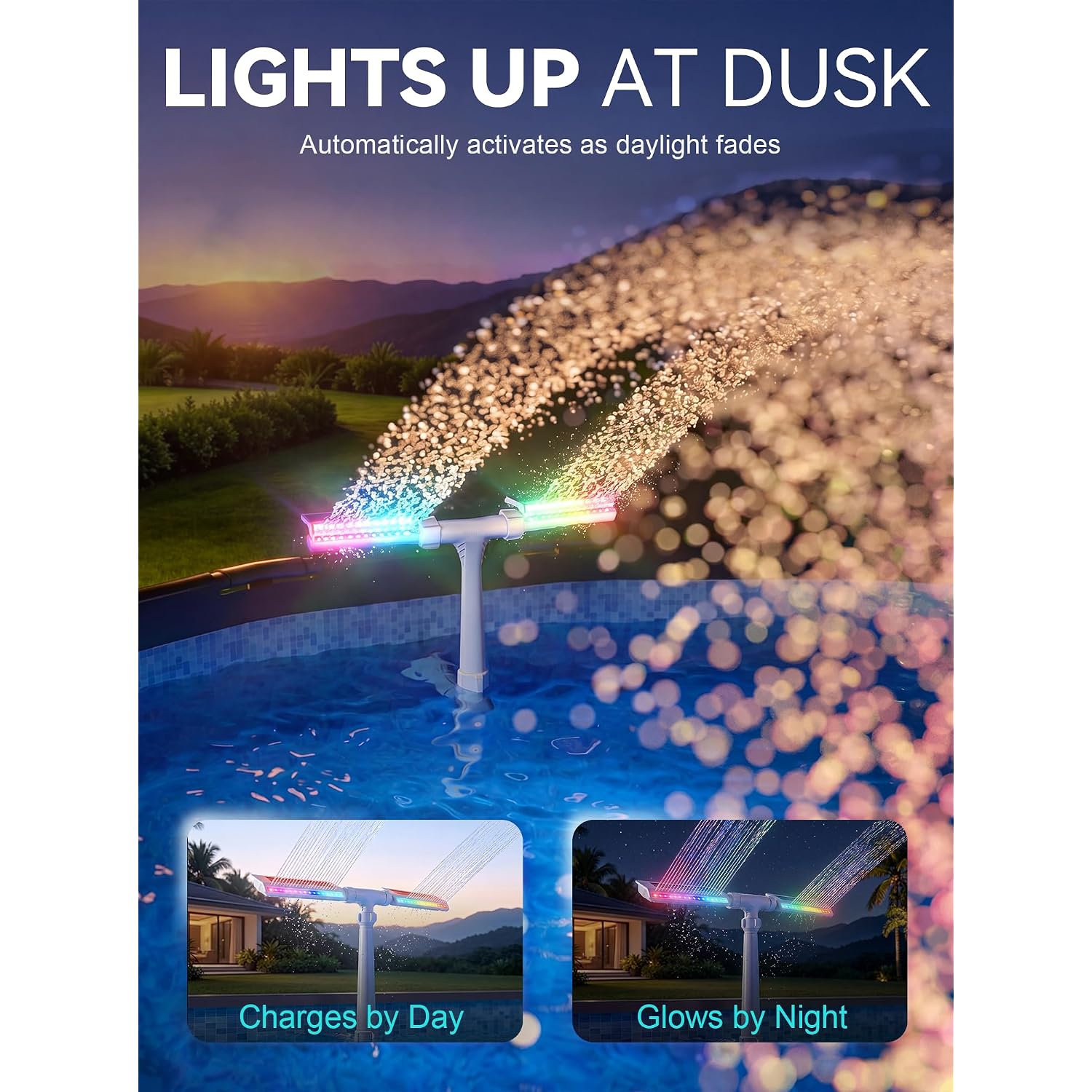 2026 Upgraded Solar Pool Fountain, Dual-Head Adjustable Spray, Extended 8000Mah Battery, 10-Color 4-Mode Led Lights, Auto Dusk Sensor & Timer, Pool Fountains For Inground/Above Ground Pools