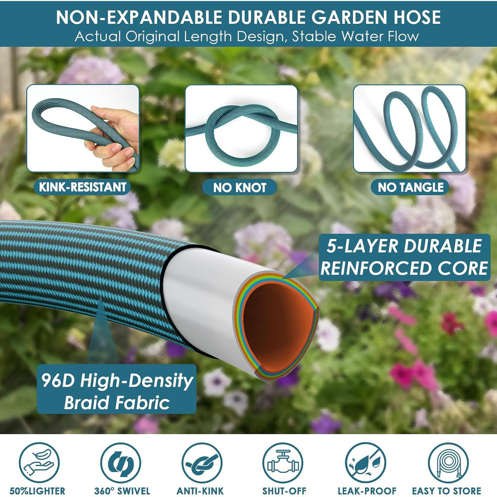 Garden Hose 100 Ft, Non-Expandable Lightweight Water Hose, 360° Swivel Anti-Kink Fittings, 10-Pattern Spray Nozzle & Shut-Off Valve, Flexible Water Hose For Yard, Lawn, Car Wash, Blue