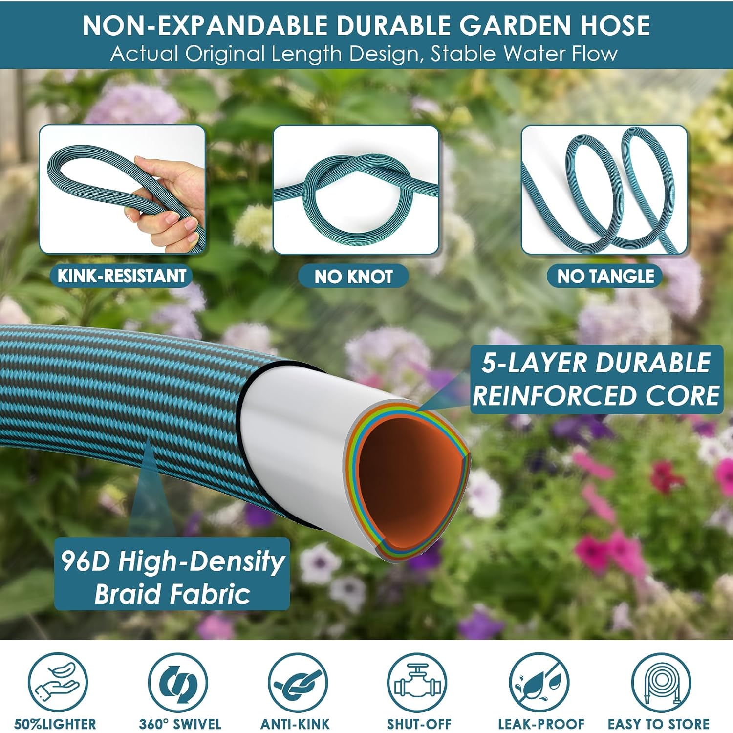 Garden Hose 100 Ft, Non-Expandable Lightweight Water Hose, 360° Swivel Anti-Kink Fittings, 10-Pattern Spray Nozzle & Shut-Off Valve, Flexible Water Hose For Yard, Lawn, Car Wash, Blue