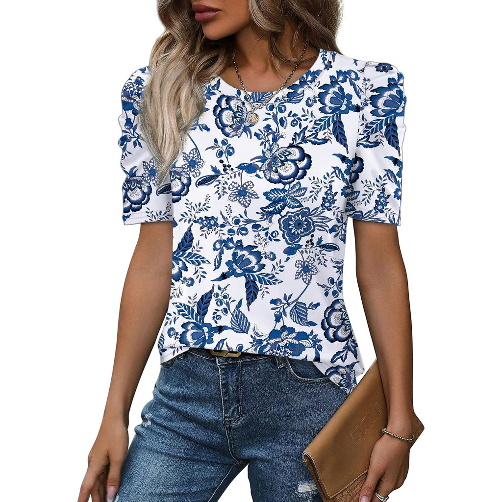 Wiholl Summer Tops For Women Puff Sleeve Crewneck T Shirts Dressy Casual Blouses Spring Outfits Fashion Clothes