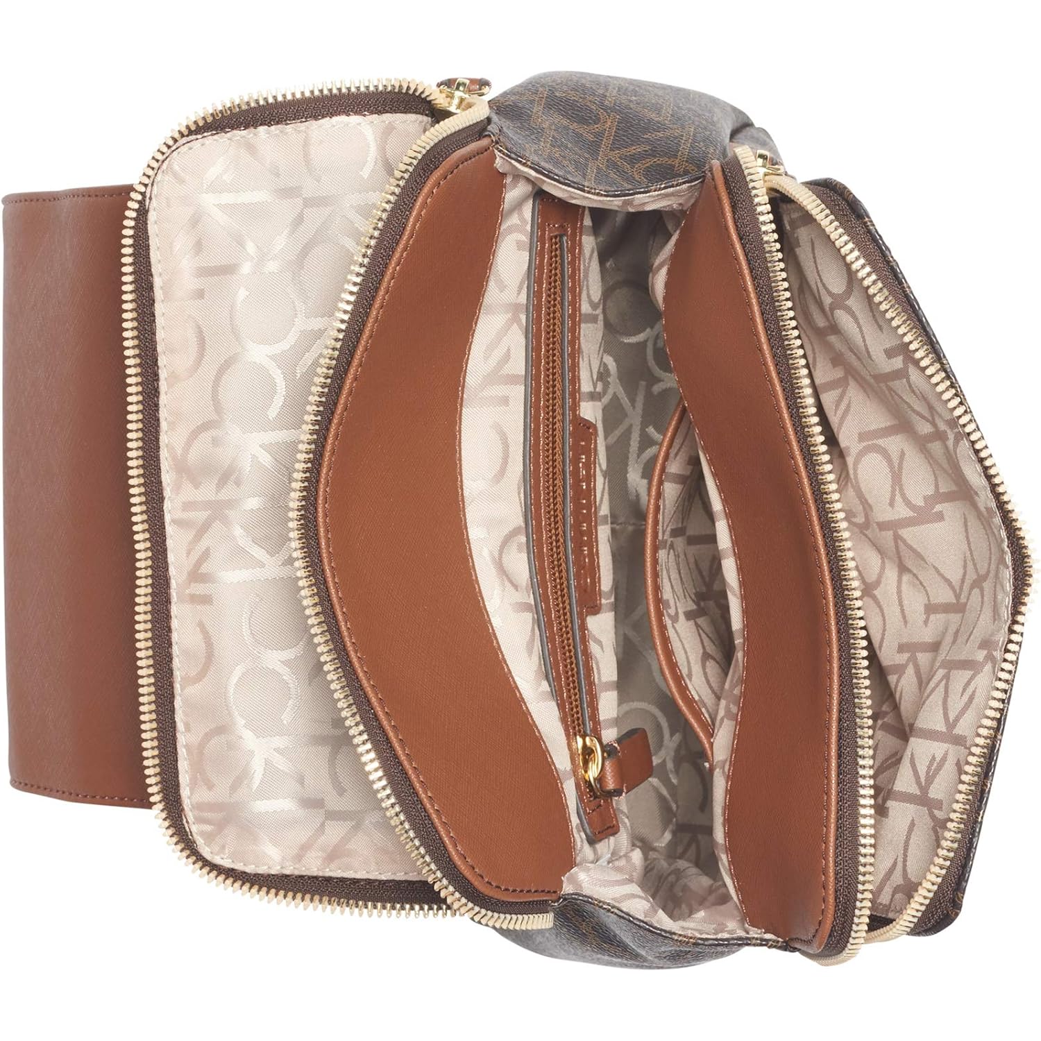 Calvin Klein Women's Elaine Signature Key Item Flap Backpack, Brown/Khaki/Luggage Saffiano, One Size